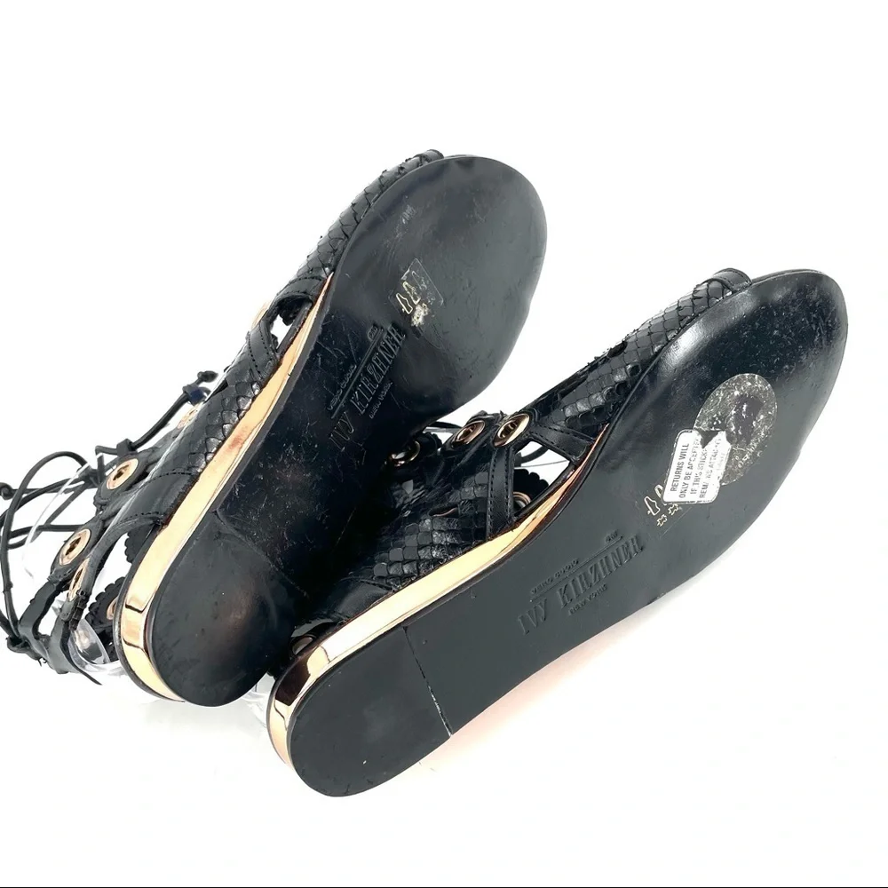 Ivy Kirzhner Barcelona Black Leather Low Gold Wedge Cutout Flat Sandals